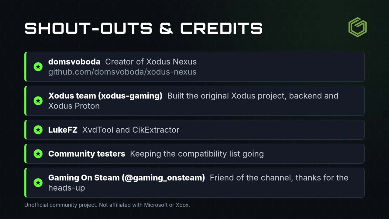 Shout-outs and credits graphic for Xodus Nexus