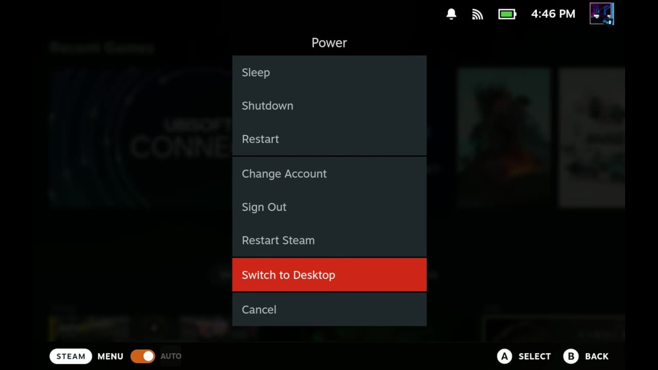 Steam Deck power menu with Switch to Desktop selected