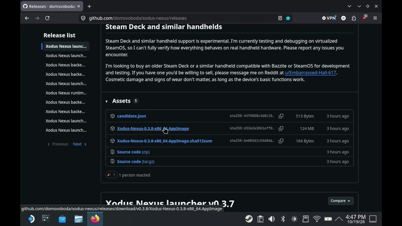 Xodus Nexus GitHub releases page with the 0.3.8 AppImage