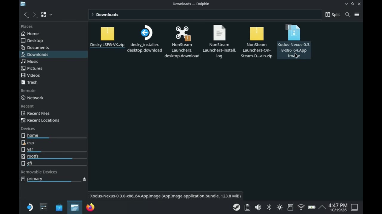 Dolphin file manager Downloads folder with the Xodus Nexus AppImage