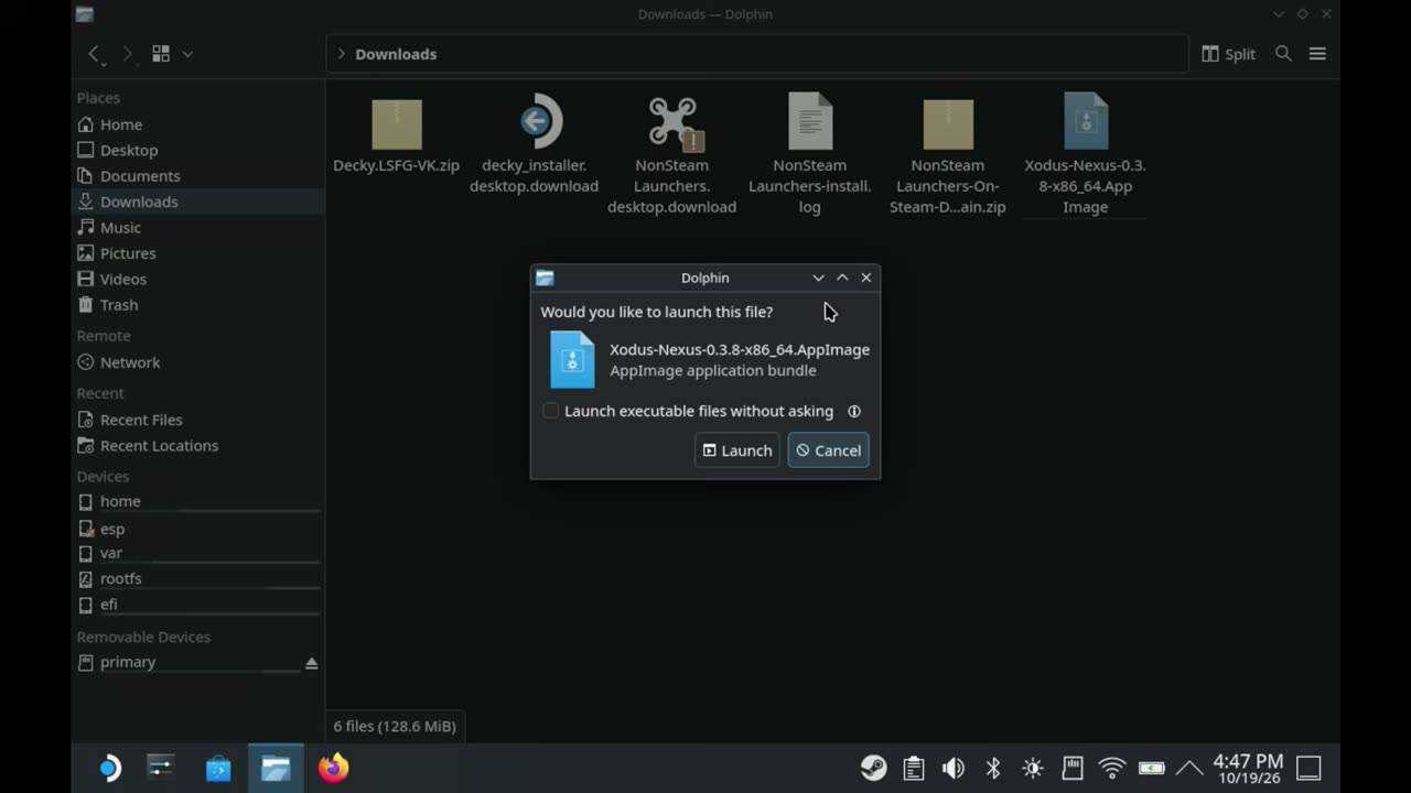 Dolphin prompt asking to launch the Xodus Nexus AppImage