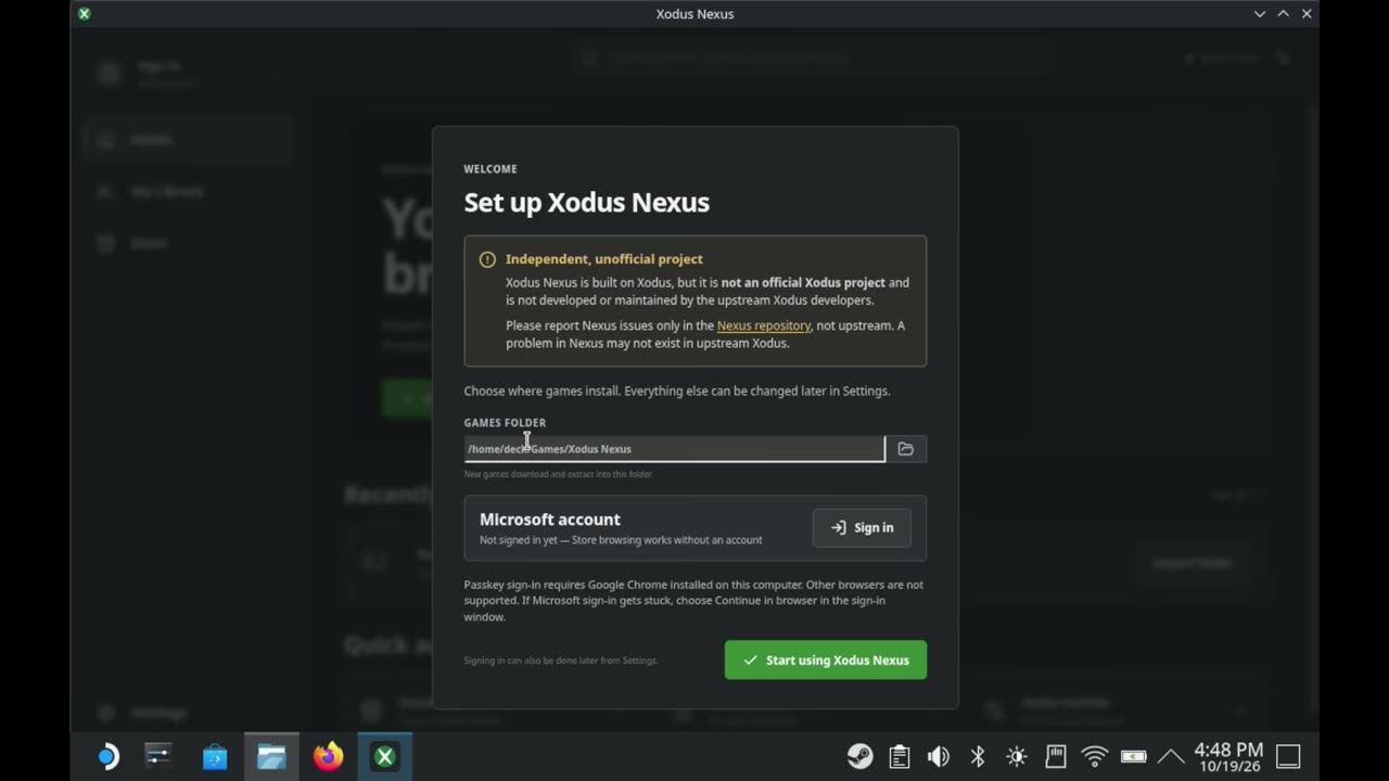Set up Xodus Nexus welcome screen with the games folder and Microsoft account sign-in