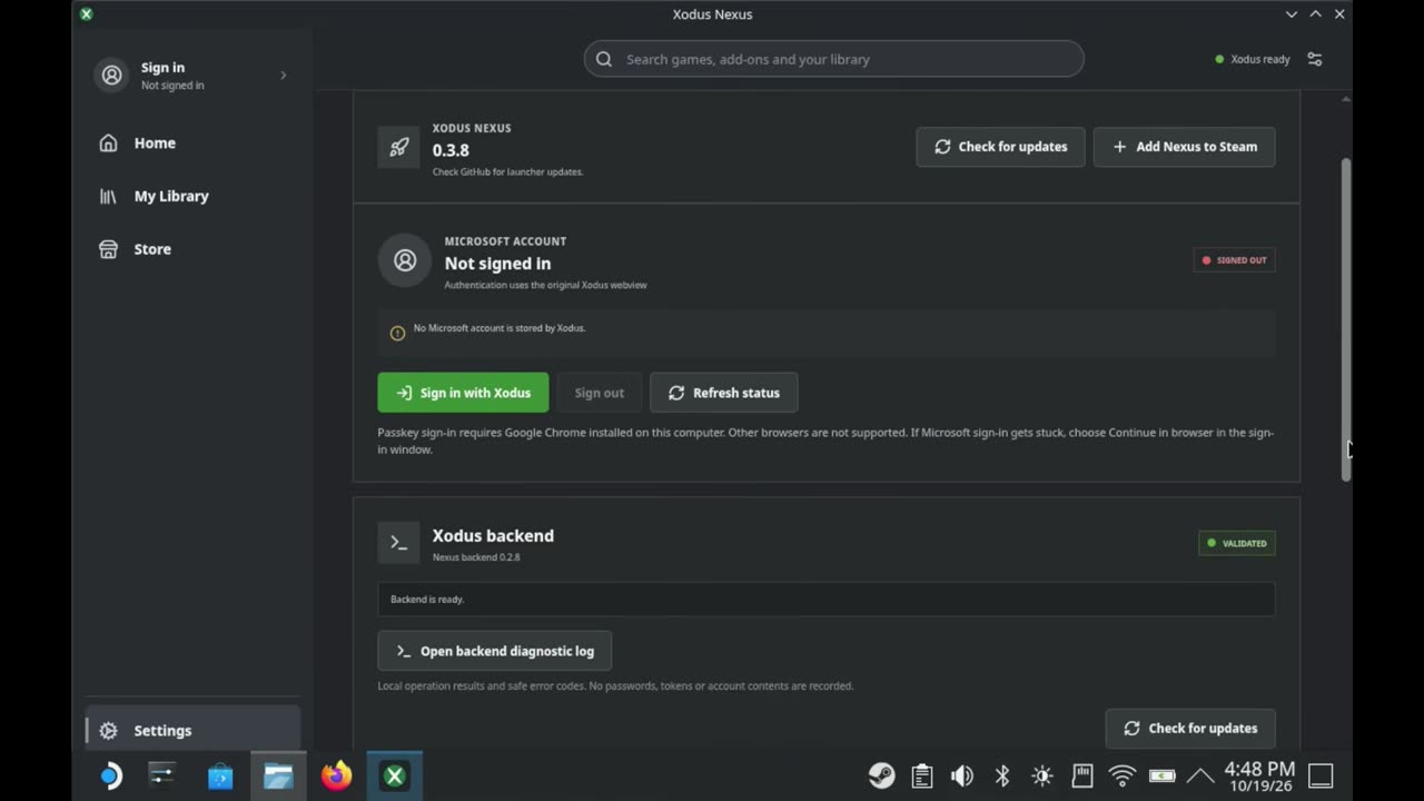 Xodus Nexus Settings showing version 0.3.8 and the Xodus backend validated