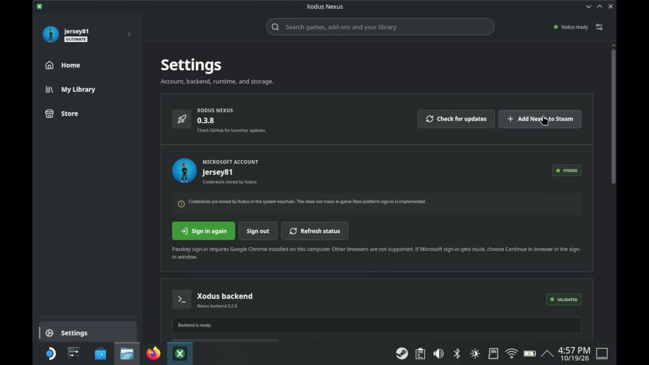 Xodus Nexus Settings signed in, with the Add Nexus to Steam button