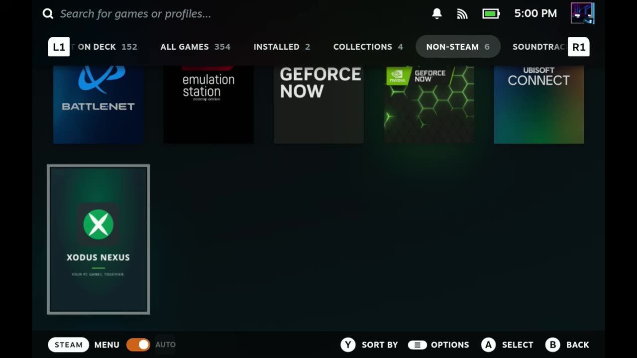 Xodus Nexus in the Non-Steam tab of the Steam Deck library in Gaming Mode