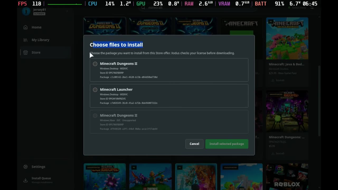 Choose files to install dialog for Minecraft Dungeons 2 in Xodus Nexus
