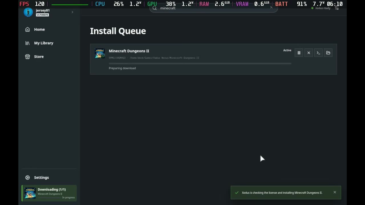 Xodus Nexus install queue downloading Minecraft Dungeons 2