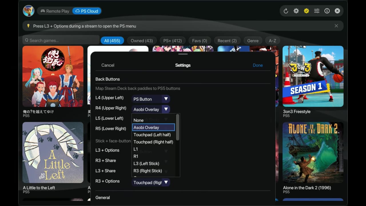 Asobi app settings showing button mapping for the Steam Deck back buttons and shortcuts
