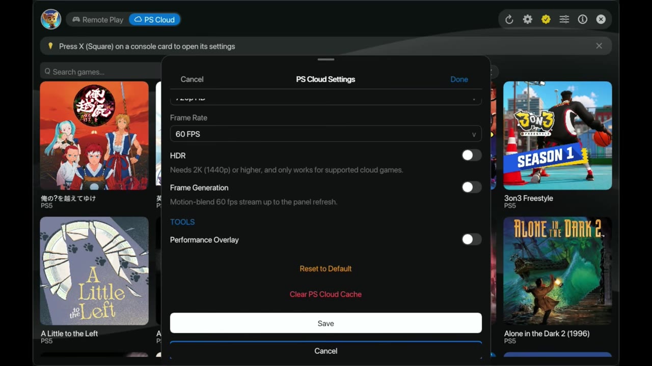 Asobi PS Cloud Settings showing frame rate 60 FPS, HDR, frame generation and performance overlay toggles