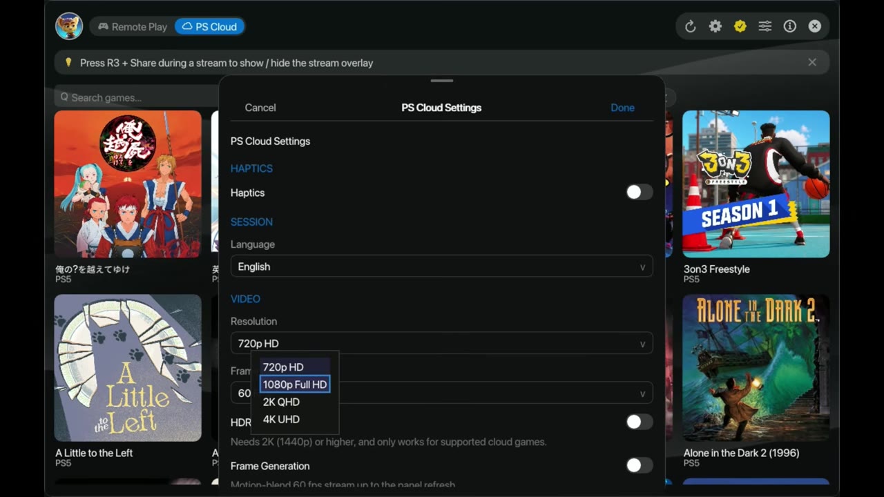 Asobi PS Cloud Settings with the resolution dropdown showing 720p HD, 1080p Full HD, 2K QHD and 4K UHD