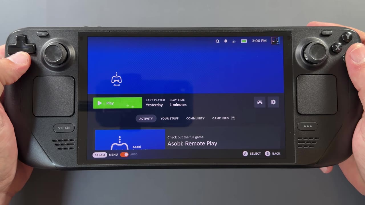 Asobi Remote Play in the Steam library on the Steam Deck