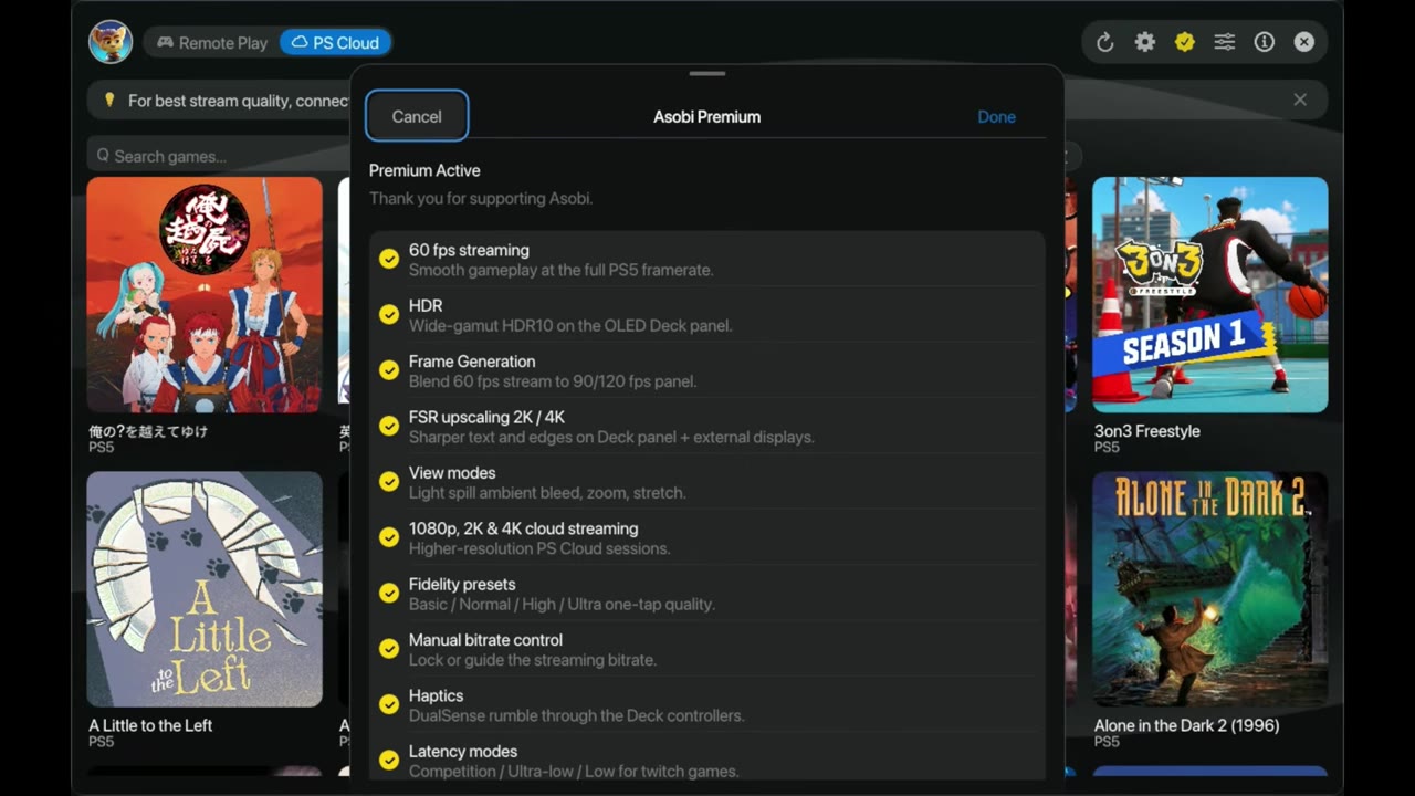 The Asobi Premium feature list in the app during the playtest