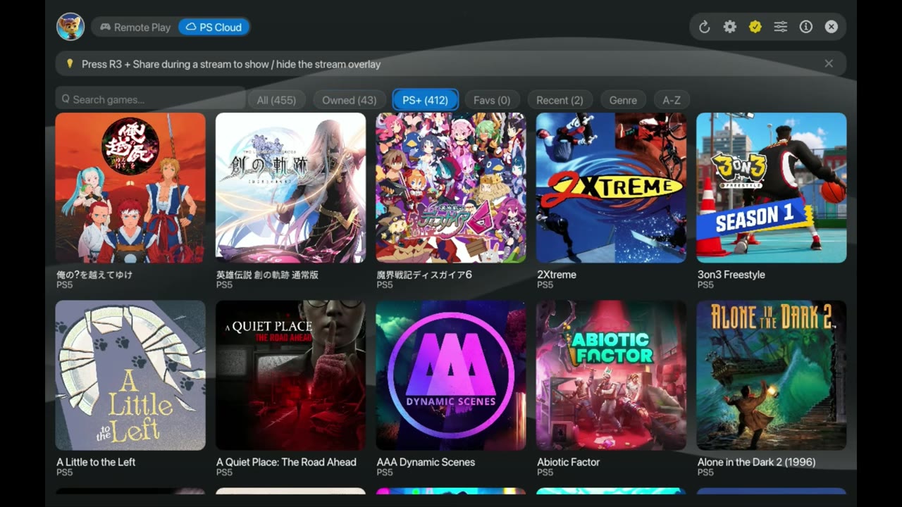 The PS Cloud tab in Asobi on the Steam Deck showing a grid of cloud games