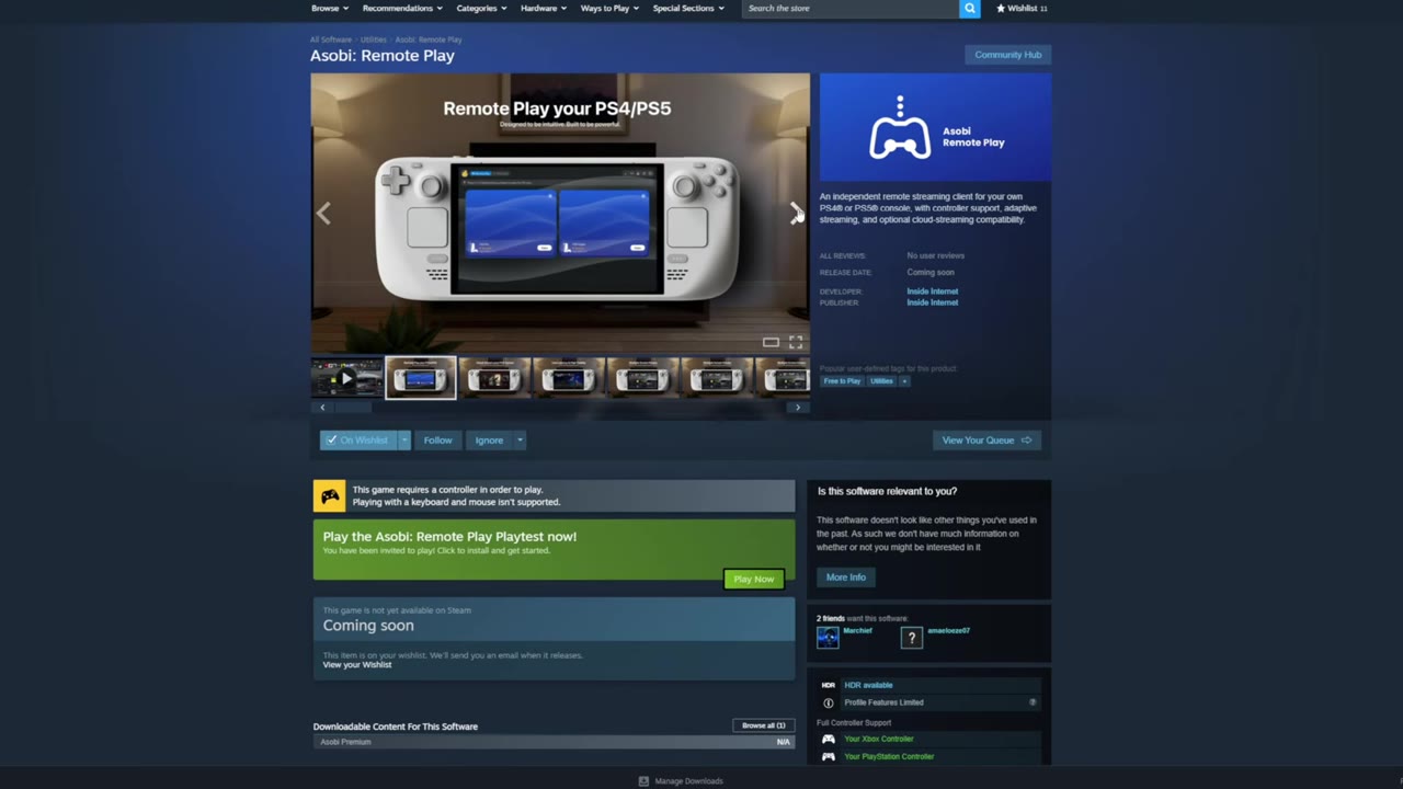 The Asobi: Remote Play store page on Steam