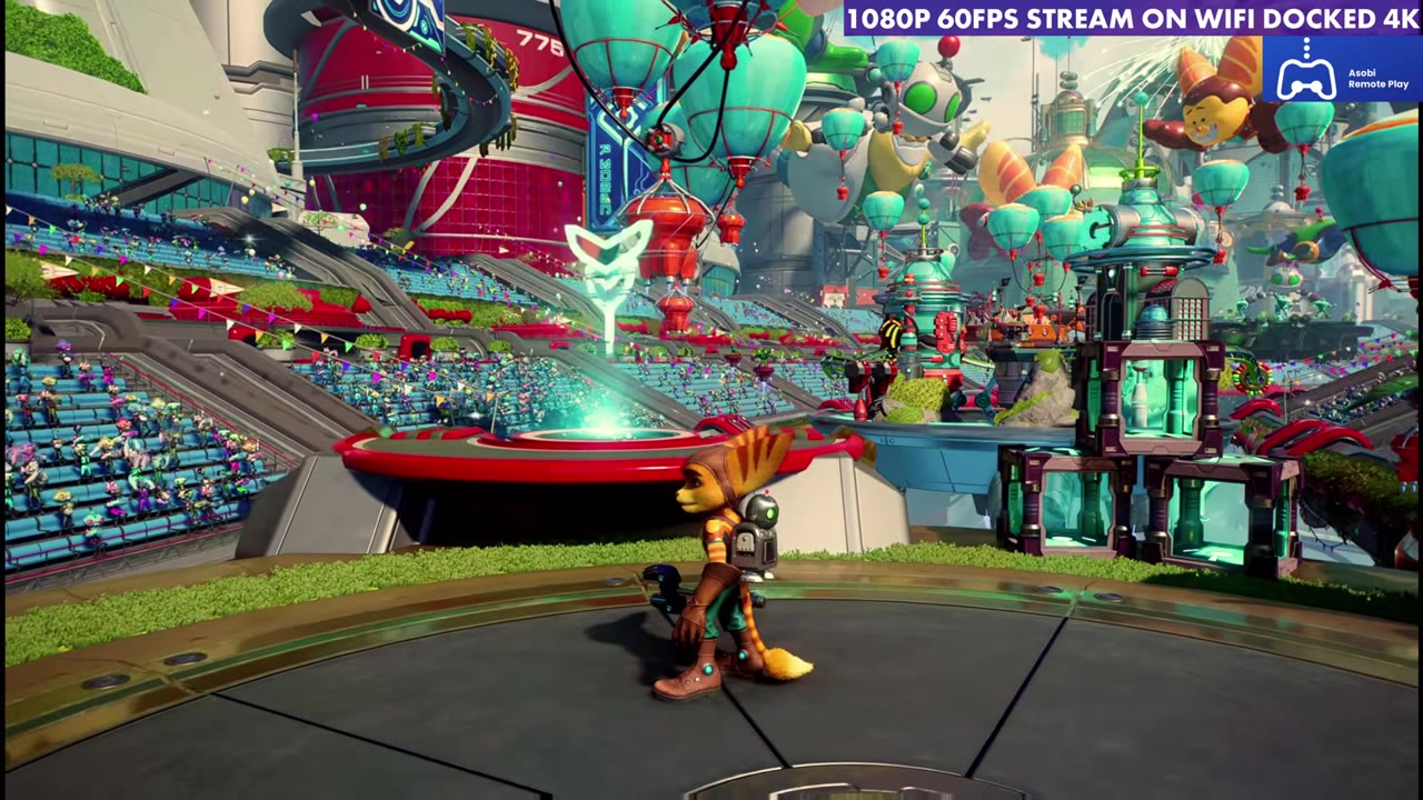 Ratchet and Clank streaming through Asobi at 1080p 60 FPS on Wi-Fi, Steam Deck docked to a 4K display