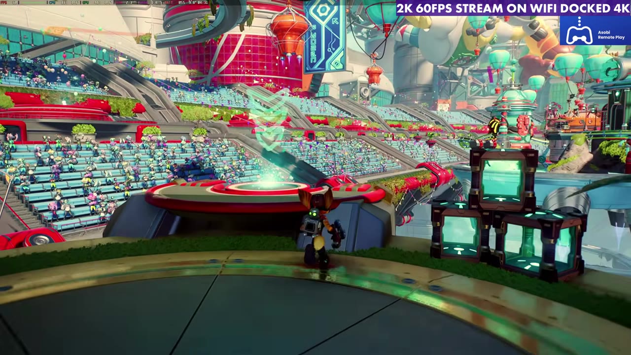 Ratchet and Clank streaming through Asobi at 2K 60 FPS on Wi-Fi, Steam Deck docked to a 4K display