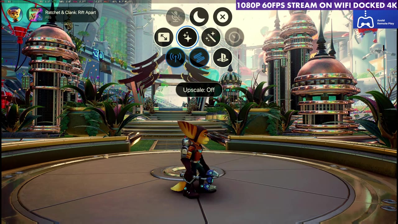 The Asobi stream overlay during a 1080p docked stream with the Upscale: Off option highlighted