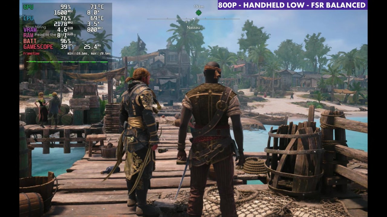 Black Flag Resynced on Steam Deck OLED at 39 FPS, 800p Handheld Low, FSR Balanced