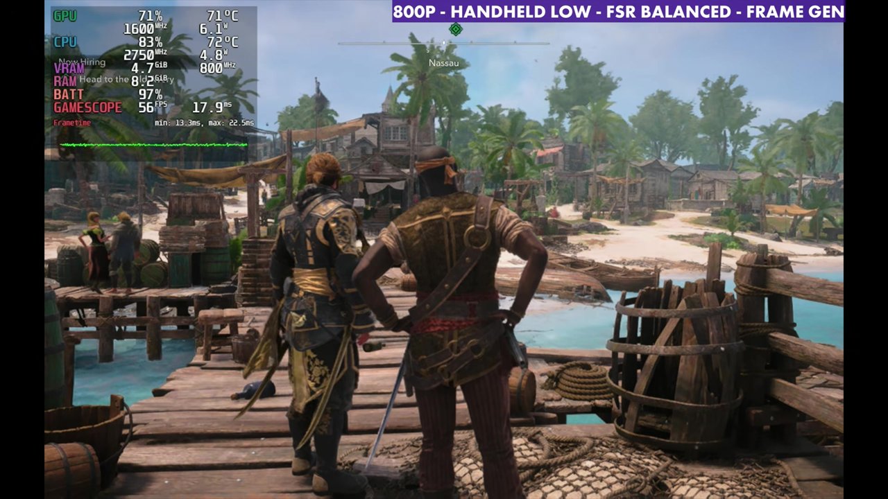 Black Flag Resynced on Steam Deck OLED with frame gen at 56 FPS, 800p Handheld Low, FSR Balanced, GPU clock 1600 MHz