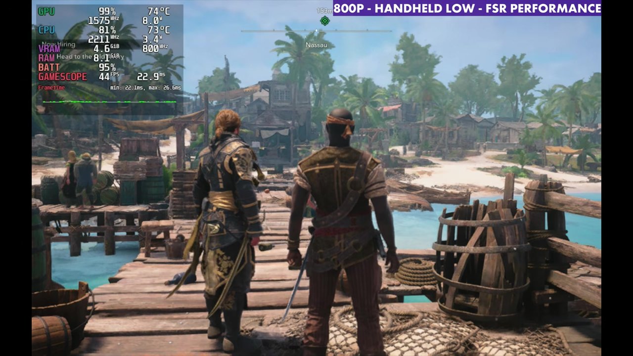 Black Flag Resynced on Steam Deck OLED at 44 FPS, 800p Handheld Low, FSR Performance