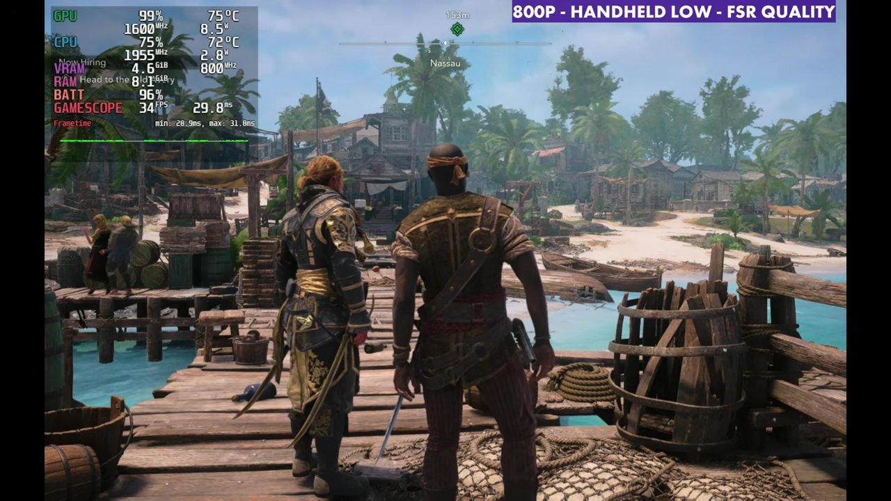 Black Flag Resynced on Steam Deck OLED at 34 FPS, 800p Handheld Low, FSR Quality