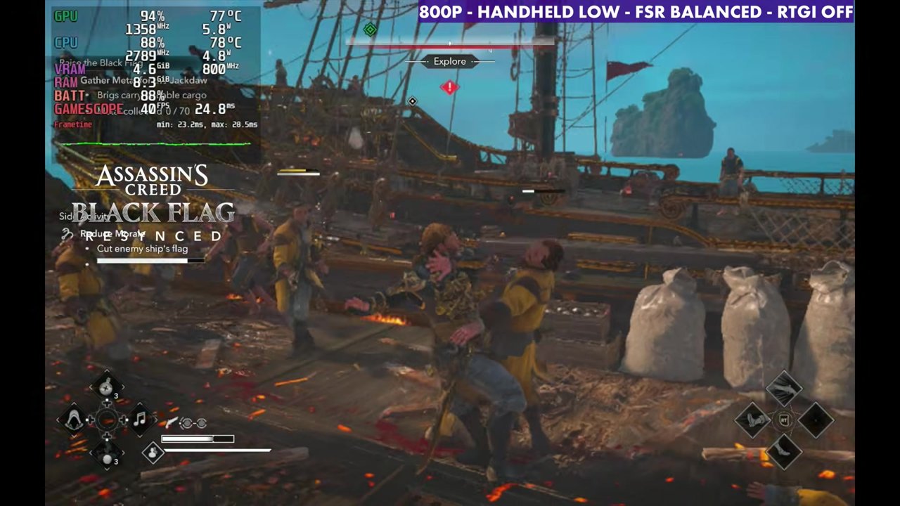 Black Flag Resynced ship boarding on Steam Deck OLED at 40 FPS, 800p Handheld Low, FSR Balanced, RTGI off
