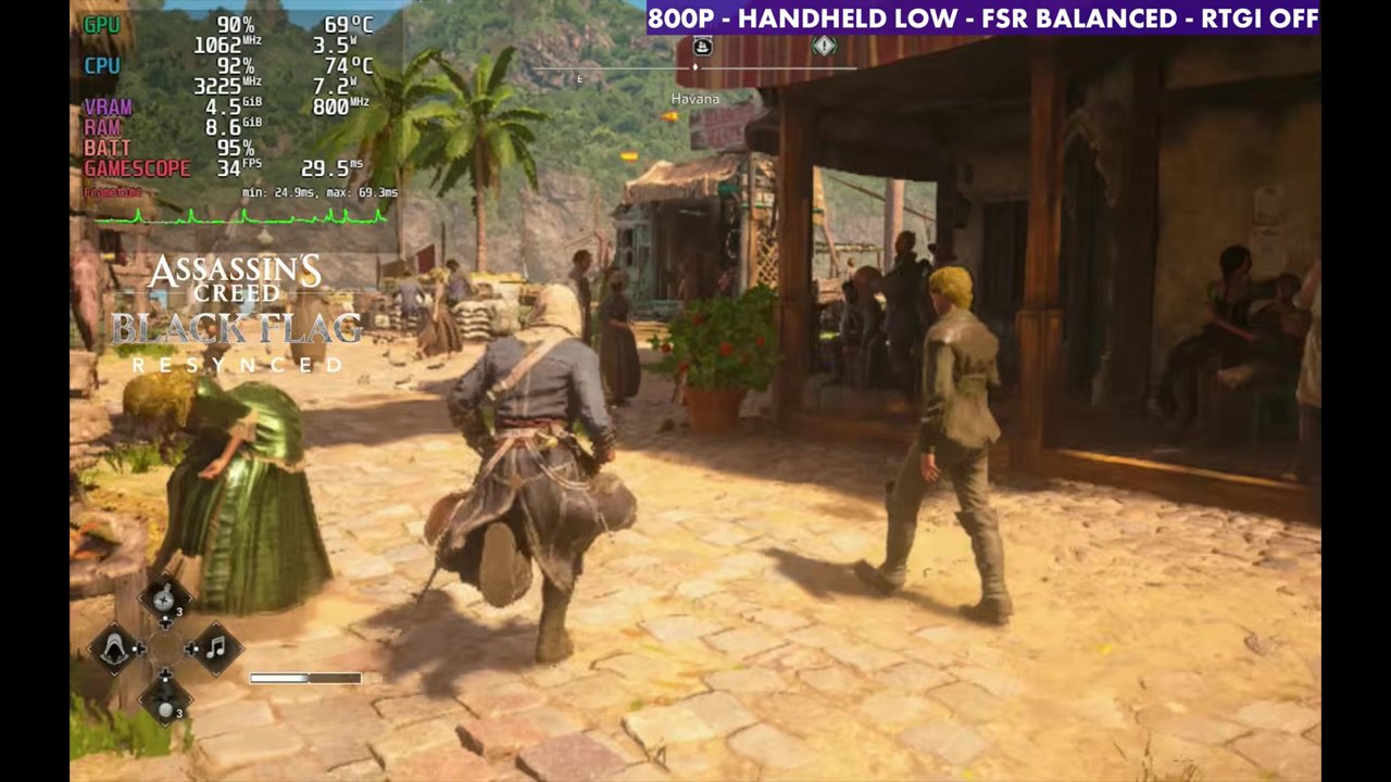 Black Flag Resynced in Nassau on Steam Deck OLED at 34 FPS, 800p Handheld Low, FSR Balanced, RTGI off