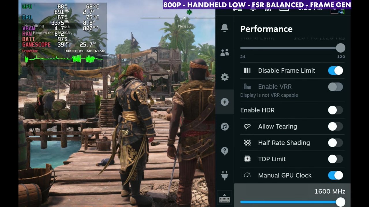 Steam Deck Quick Access Performance menu with Manual GPU Clock on at 1600 MHz