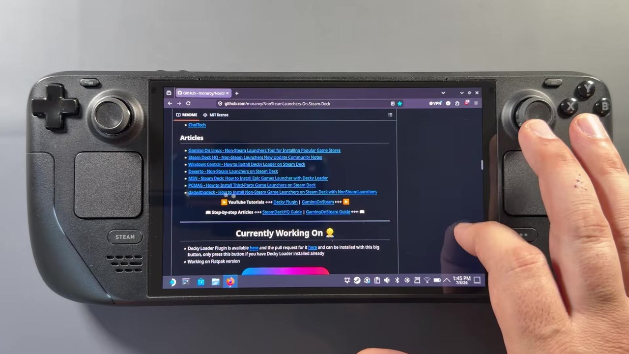 NonSteamLaunchers GitHub page open on the Steam Deck