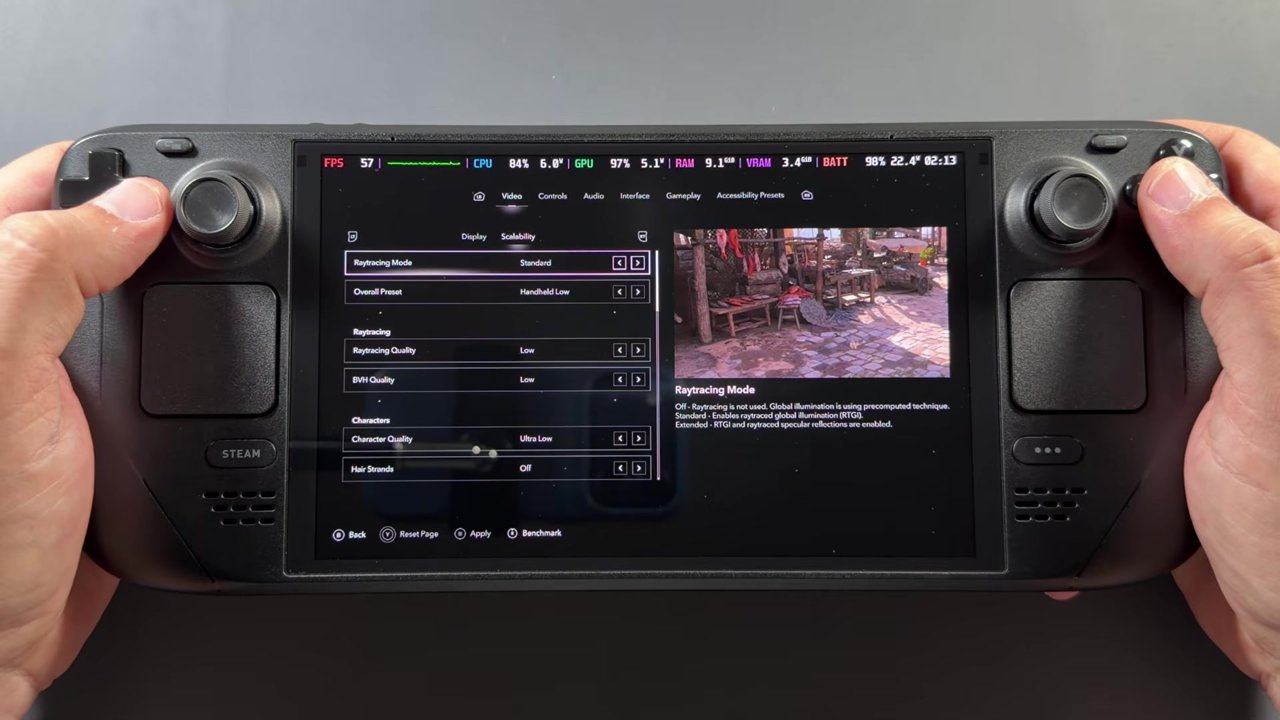 Black Flag Resynced scalability settings on the Steam Deck showing Raytracing Mode and the Handheld Low preset