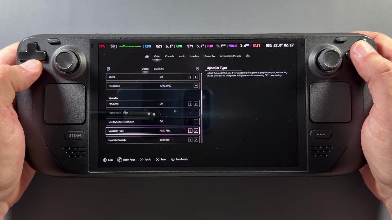 Black Flag Resynced display settings on the Steam Deck with Upscaler Type set to AMD FSR