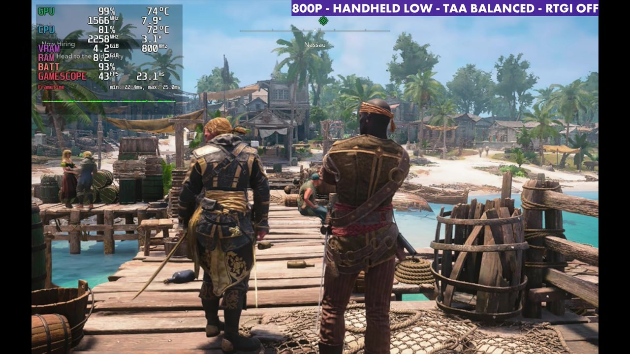 Black Flag Resynced on Steam Deck OLED at 43 FPS, 800p Handheld Low, TAA Balanced, RTGI off