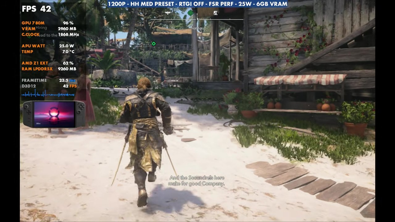 Black Flag Resynced on the original Legion Go in Nassau at 42 FPS, 1200p Handheld Medium, RTGI off, FSR Performance, 25W