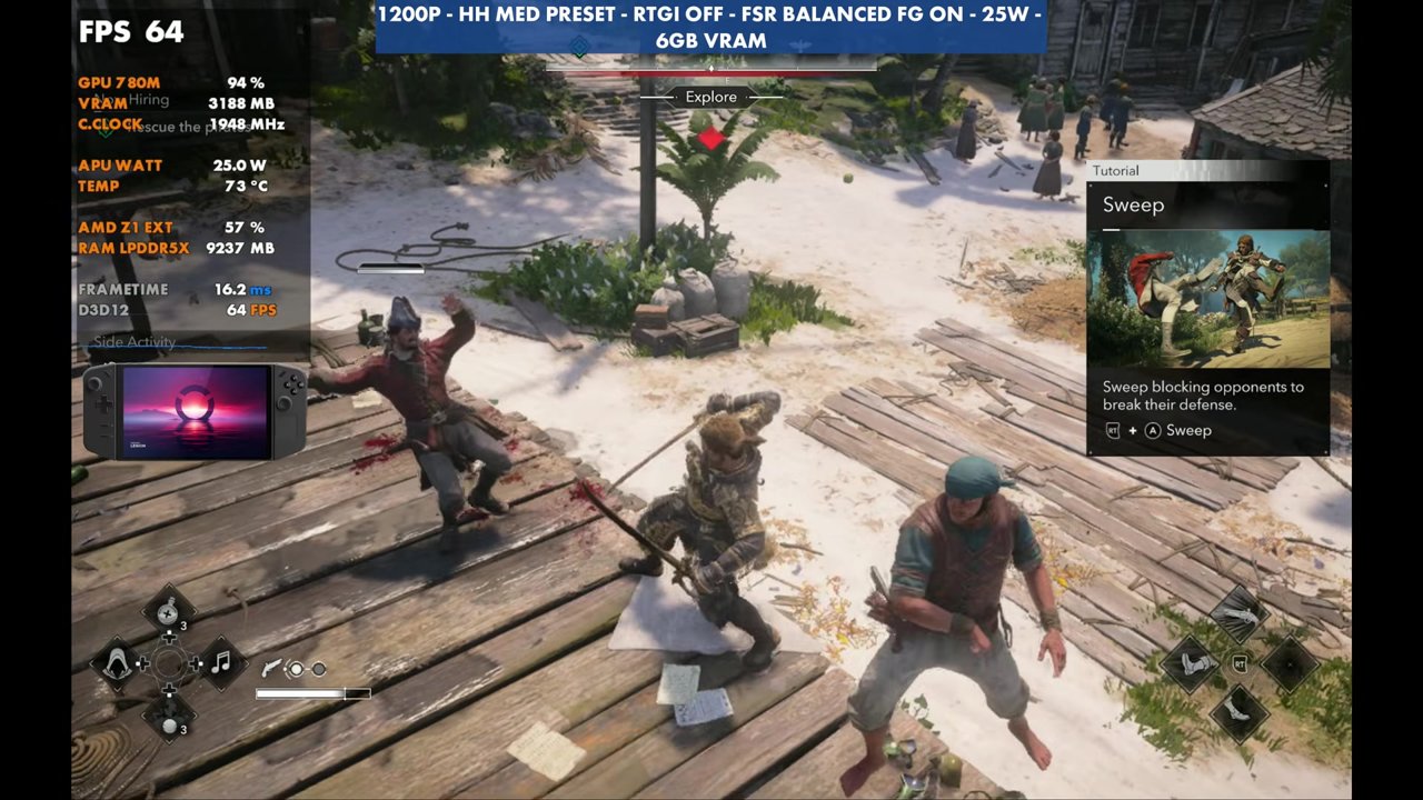 Black Flag Resynced beach fight on the original Legion Go with frame gen at 64 FPS, 1200p Handheld Medium, RTGI off, FSR Balanced, 25W