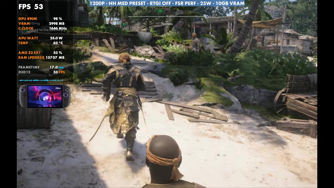 Black Flag Resynced on Legion Go 2 in Nassau at 53 FPS, 1200p Handheld Medium, RTGI off, FSR Performance, 25W
