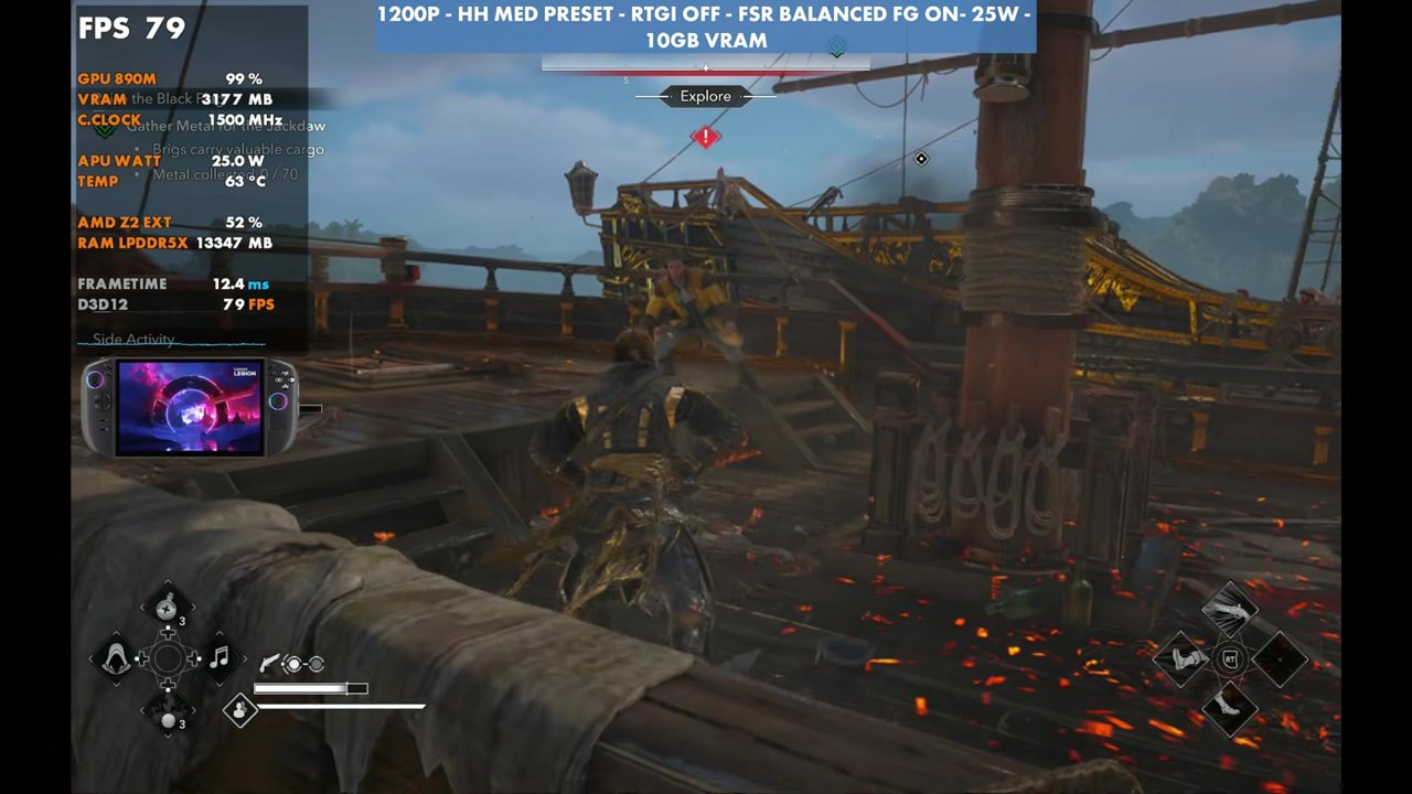 Black Flag Resynced ship boarding on Legion Go 2 with frame gen at 79 FPS, 1200p Handheld Medium, RTGI off, FSR Balanced, 25W