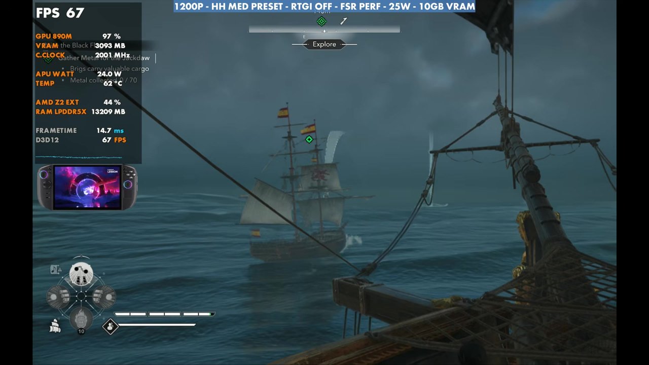 Black Flag Resynced naval gameplay on Legion Go 2 at 67 FPS, 1200p Handheld Medium, RTGI off, 25W
