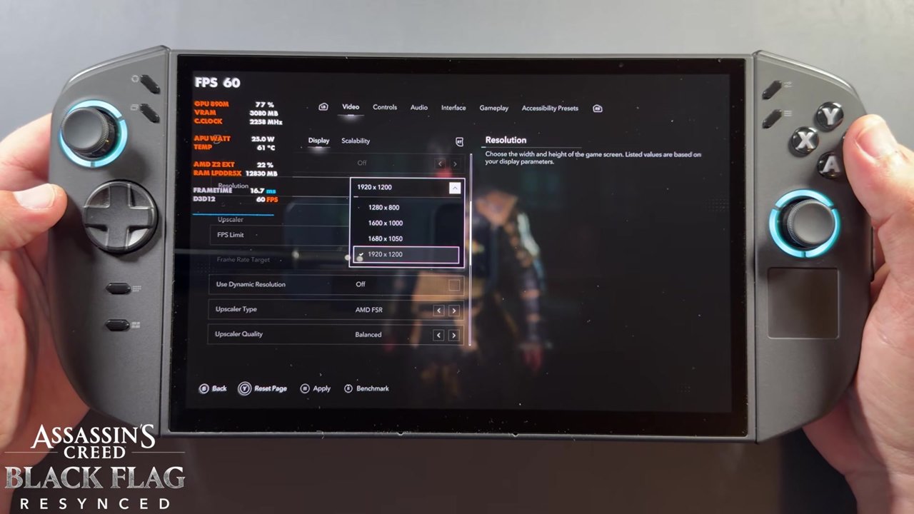 Black Flag Resynced resolution list on the Legion Go 2: 1280x800, 1600x1000, 1680x1050 and 1920x1200