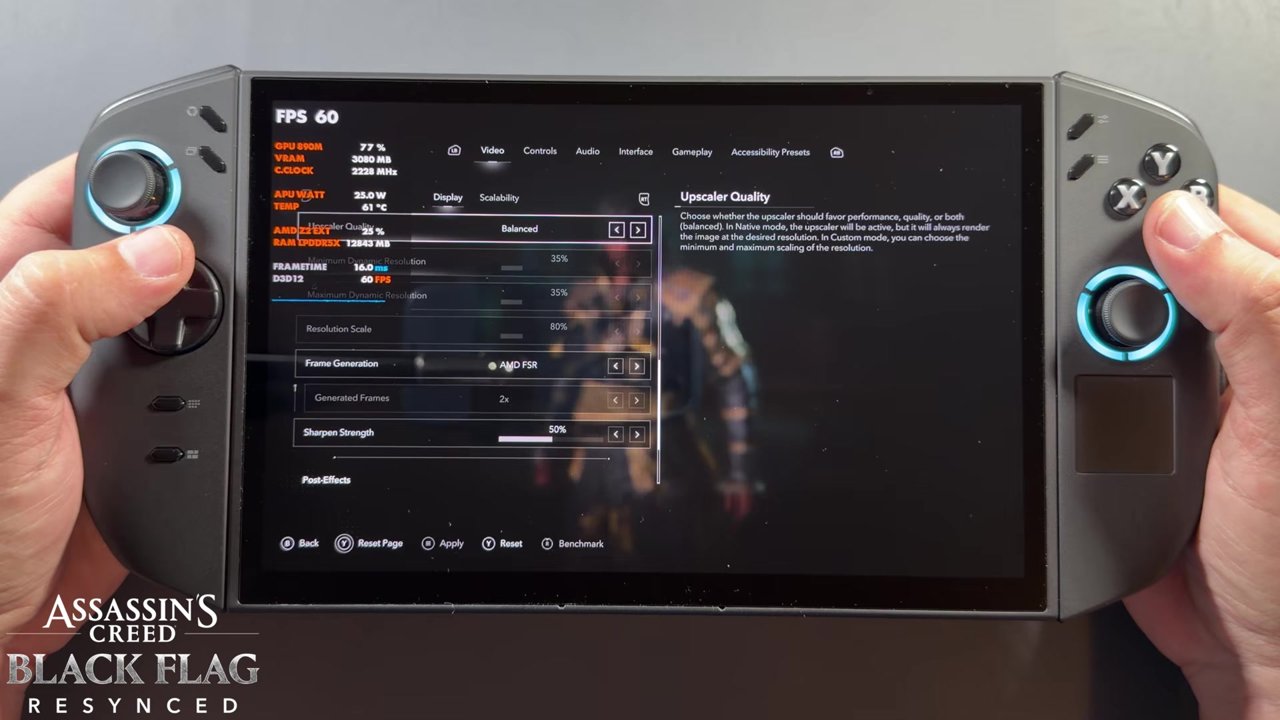 Black Flag Resynced upscaler settings: Upscaler Quality Balanced, Frame Generation AMD FSR, 2x generated frames, sharpen 50%