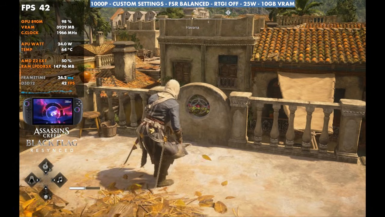 Black Flag Resynced on Legion Go 2 at 42 FPS, 1000p custom settings, FSR Balanced, RTGI off, 25W