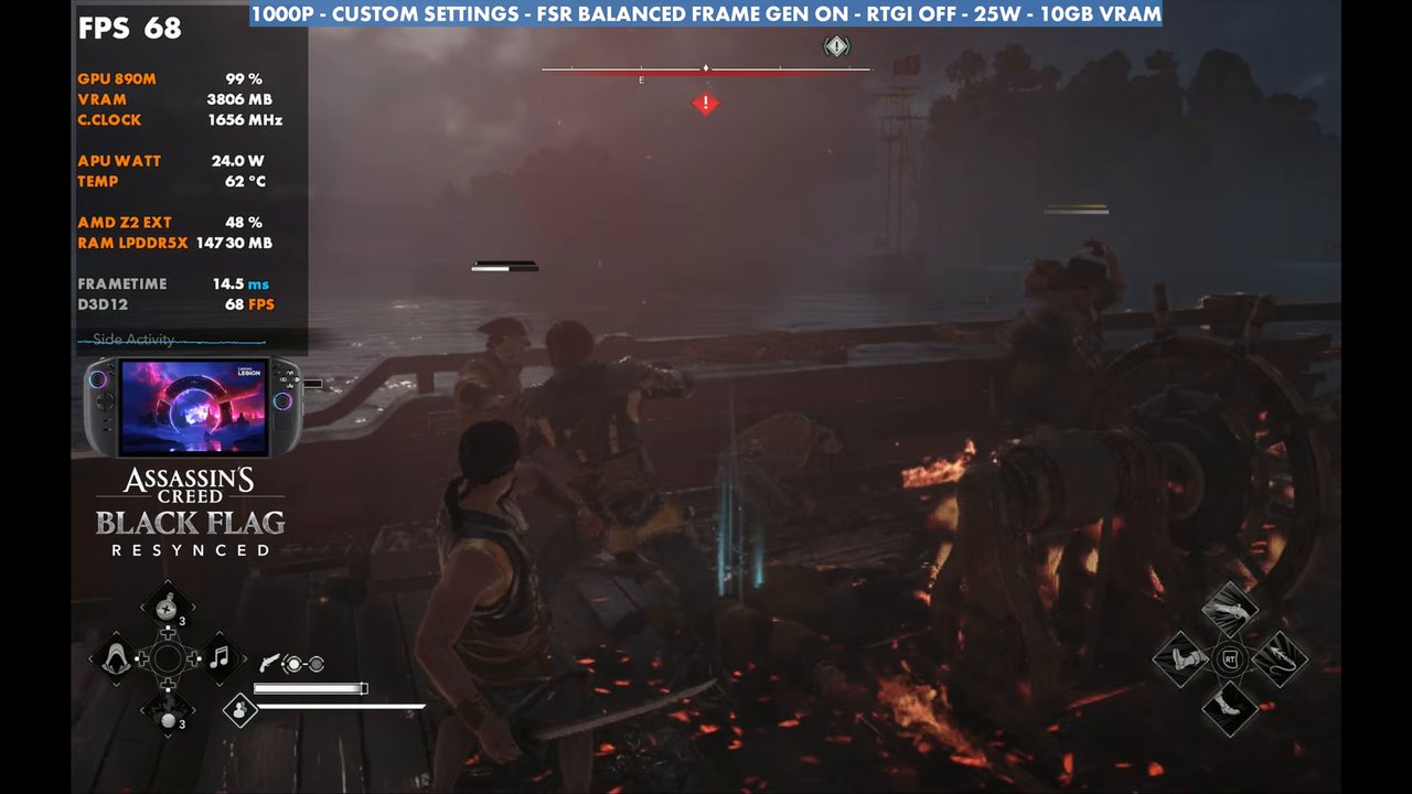 Black Flag Resynced ship boarding on Legion Go 2 at 68 FPS, 1000p frame gen on, RTGI off, 25W