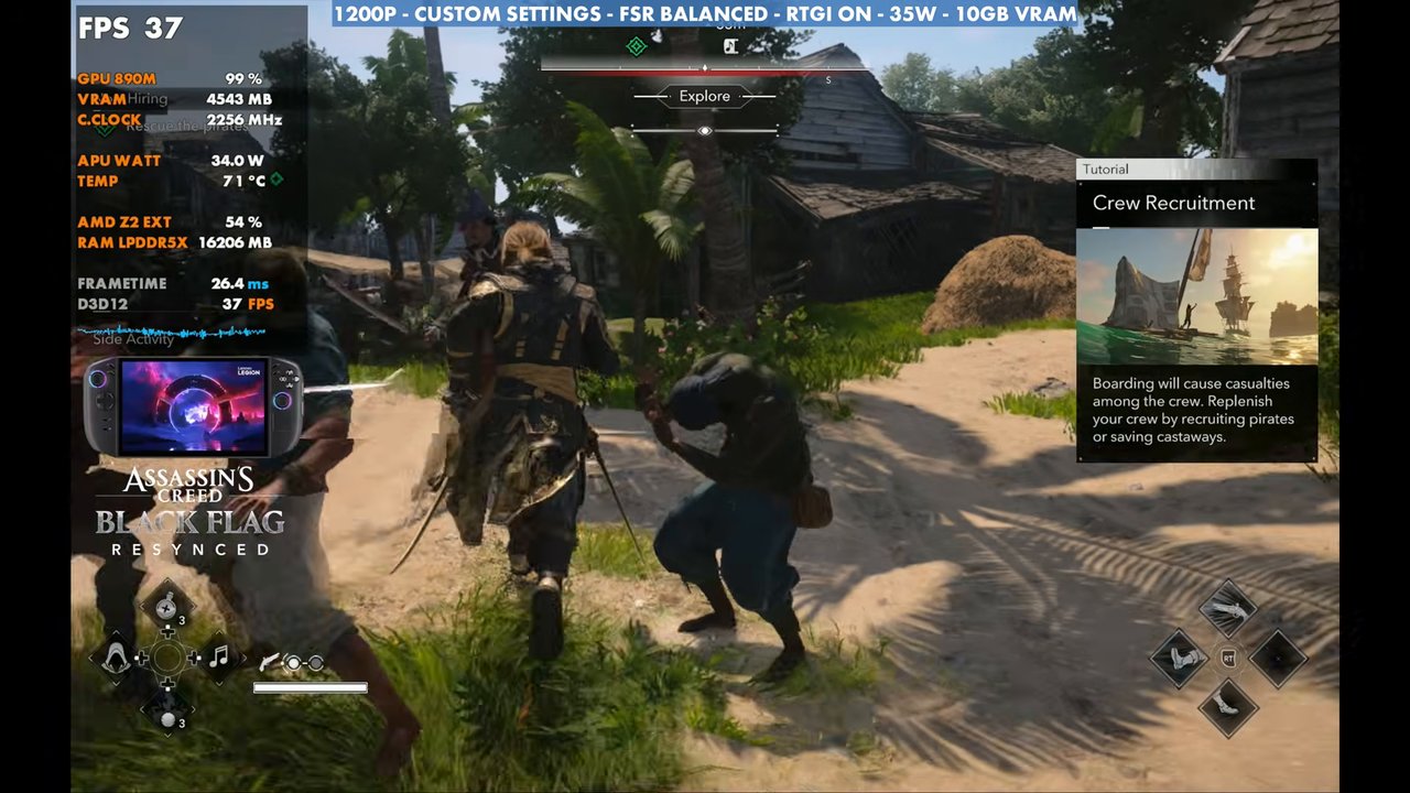 Black Flag Resynced beach fight on Legion Go 2 at 37 FPS, 1200p custom settings, FSR Balanced, RTGI on, 35W