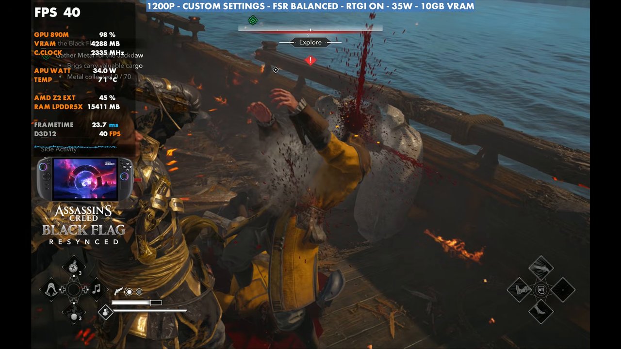 Black Flag Resynced ship combat on Legion Go 2 at 40 FPS, 1200p custom settings, FSR Balanced, RTGI on, 35W