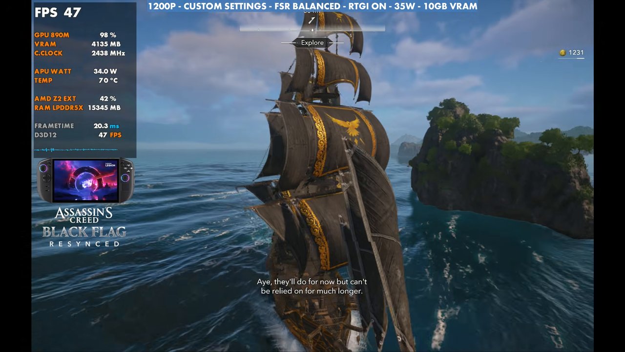 Black Flag Resynced sailing on Legion Go 2 at 47 FPS, 1200p custom settings, FSR Balanced, RTGI on, 35W