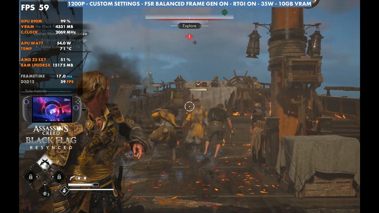 Black Flag Resynced ship boarding on Legion Go 2 at 59 FPS, 1200p FSR Balanced frame gen on, RTGI on, 35W