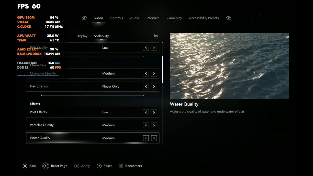 Black Flag Resynced effects settings on Legion Go 2: Post Effects Low, Particles Quality Medium, Water Quality Medium