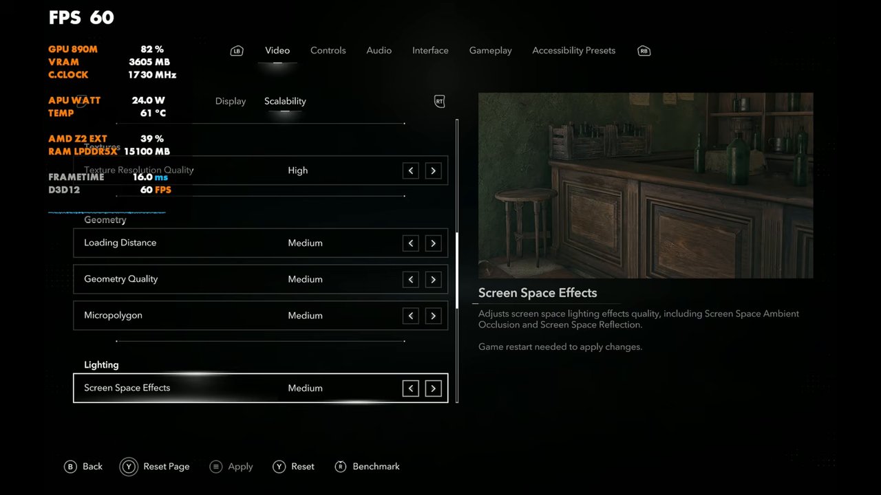 Black Flag Resynced geometry and lighting settings on Legion Go 2: Loading Distance, Geometry Quality, Micropolygon and Screen Space Effects Medium