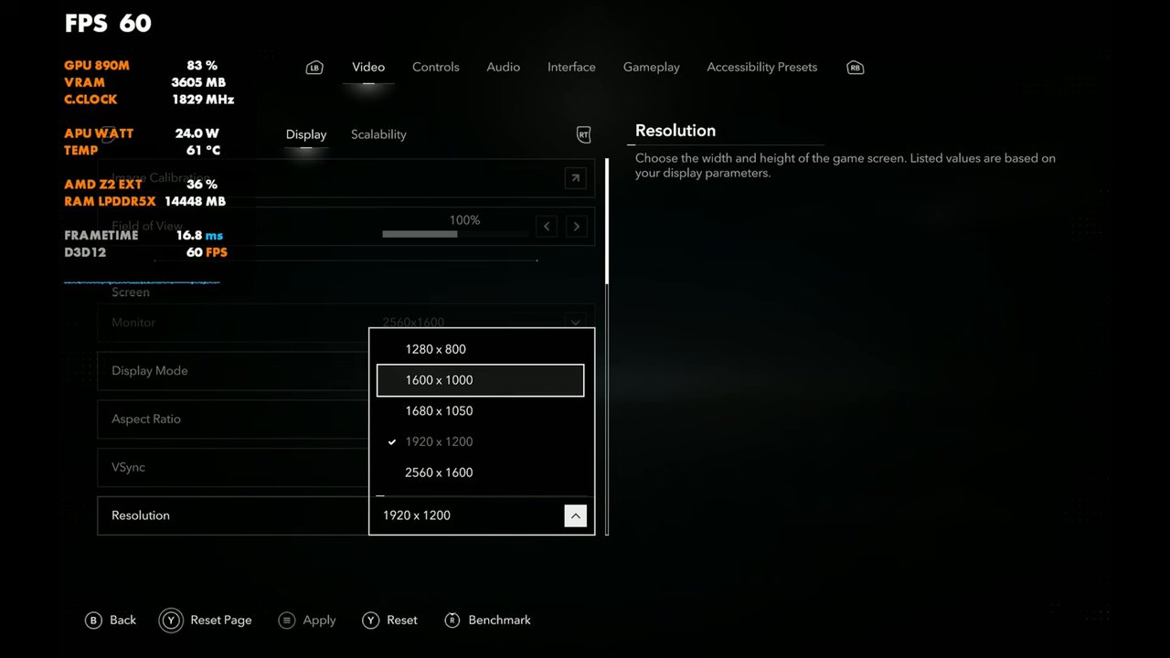 Black Flag Resynced display settings on Legion Go 2 with the resolution list open at 1920x1200