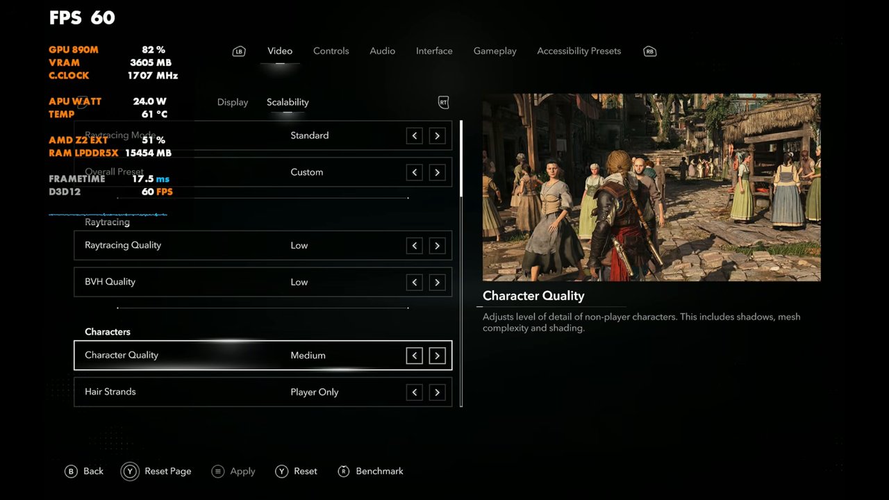 Black Flag Resynced scalability settings on Legion Go 2: Custom preset, Raytracing Quality Low, BVH Quality Low, Character Quality Medium, Hair Strands Player Only