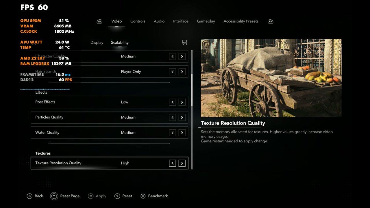 Black Flag Resynced texture settings on Legion Go 2: Texture Resolution Quality High